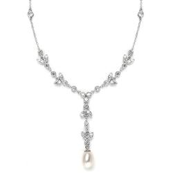 Mariell Freshwater Pearl and CZ Tulip Dangle Wedding Necklace - Silver Platinum Plated Jewelry for Brides