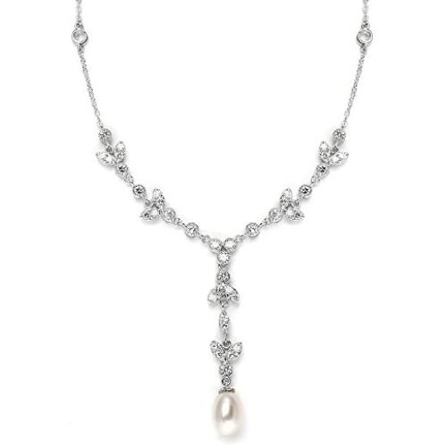 Mariell Freshwater Pearl and CZ Tulip Dangle Wedding Necklace - Silver Platinum Plated Jewelry for Brides