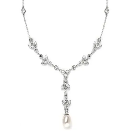 Mariell Freshwater Pearl and CZ Tulip Dangle Wedding Necklace - Silver Platinum Plated Jewelry for Brides Mariell Freshwater Pearl and CZ Tulip Dangle Wedding Necklace - Silver Platinum Plated Jewelry for Brides