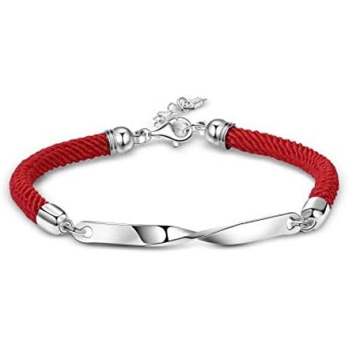 T400 925 Sterling Silver Black Red Mobius Ring Braided Rope Bracelet Valentines Day Couple Gift for Women Girls Men Boys
