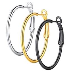 U7 Hoop Earrings |Small Medium Sized Huggie for Women Girls| Hypoallergenic Sterling Silver Post Lightweight Hoops in Stainless Gold Black Color, 2mm Thin,Diameter 25 30 40mm, with Gift Box