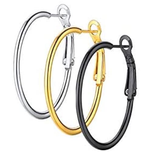 U7 Hoop Earrings |Small Medium Sized Huggie for Women Girls| Hypoallergenic Sterling Silver Post Lightweight Hoops in Stainless Gold Black Color, 2mm Thin,Diameter 25 30 40mm, with Gift Box