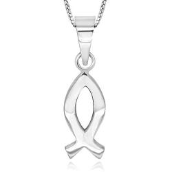 925 Sterling Silver Ichthus Christian Vertical Fish Pendant Necklace, 18''