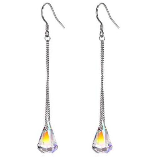 AOBOCO 925 Sterling Silver Drop Dangle Earrings with Aurora Borealis Teardrop Crystals