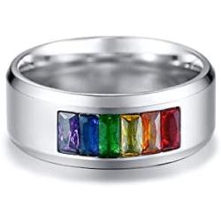 FOXI YOUTH Lovers Surgical Steel LGBT Gay Pride Lesbian Rainbow Colorful CZ Stone Inlay Band Ring Promise Wedding Engagement Rings:Silver-13#