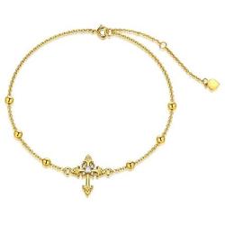 14K Yellow Gold Cross Bracelet for Women Girls Real Gold Moissanite Bead Thin Chain Bracelet Christmas Anniversary Valentines Day Gifts, 7+1+1 inch