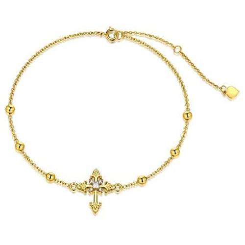 14K Yellow Gold Cross Bracelet for Women Girls Real Gold Moissanite Bead Thin Chain Bracelet Christmas Anniversary Valentines Day Gifts, 7+1+1 inch