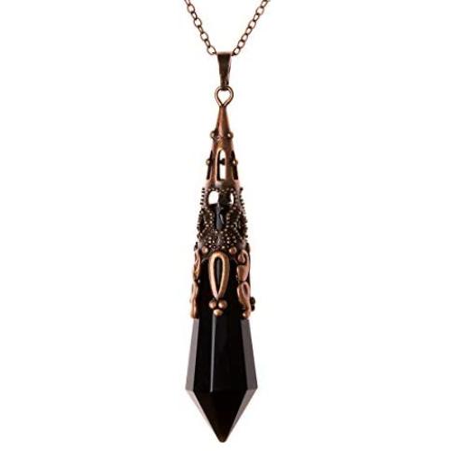 Bivei Retro Brass 12 Faceted Prism Chakra Necklace Witch Dowsing Pendulum Gemstone Quartz Point Top Healing Crystal Pendant Divination Reiki Antique Gift