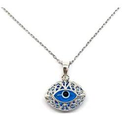 Mystic Jewels - 925 Sterling Silver Glass Evil Eye Drop Shape Filigree Pendant with Silver Chain (Eye Shape)