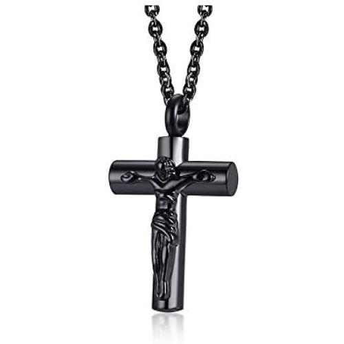 XUANPAI Stainless Steel Mens Jesus Crucifix Cross Urn Pendant Ashes Keepsake Necklace Cremation Religious Jewelry