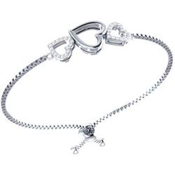 Triple Heart Natural Diamond Bolo Bracelet in 925 Sterling Silver