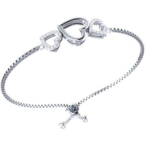 Triple Heart Natural Diamond Bolo Bracelet in 925 Sterling Silver