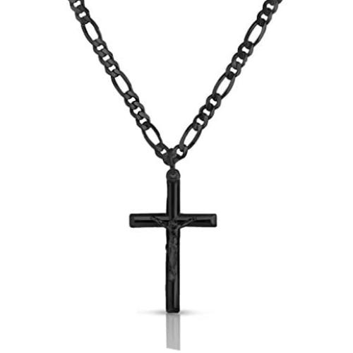 Verona Jewelers Men and Women 24'' Stainless Steel 3.8MM Figaro Chain Necklace Crucifix Cross Pendant (Silver Color)
