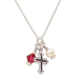 Girls Sterling Silver First Communion High-end Simulated Crystal Birthstone Cross Necklace with Cultured Pearl