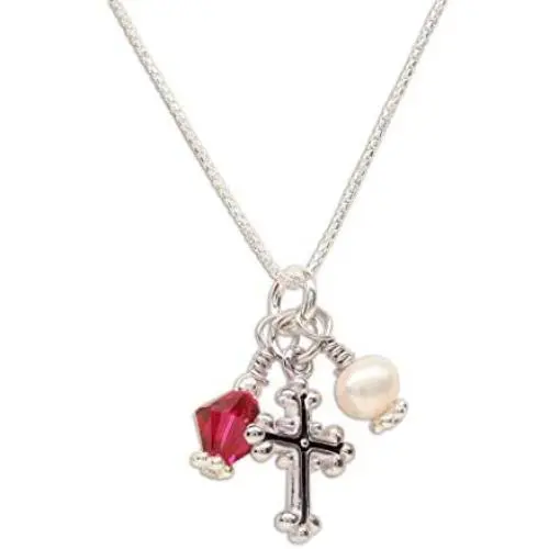Girls Sterling Silver First Communion High-end Simulated Crystal Birthstone Cross Necklace with Cultured Pearl Girls Sterling Silver First Communion High-end Simulated Crystal Birthstone Cross Necklace with Cultured Pearl