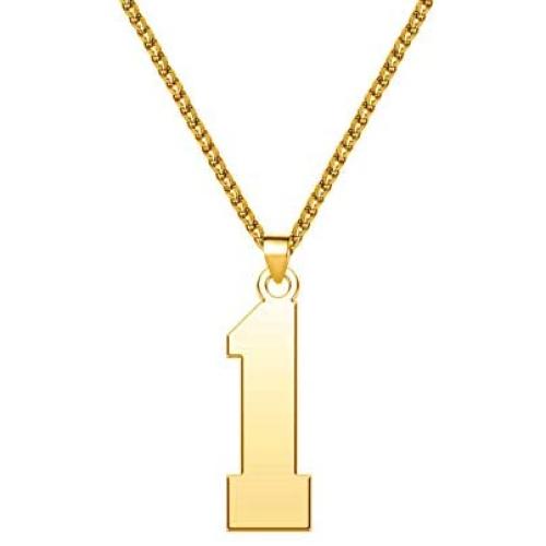LuxglitterLin Men 18K Gold Plated Sports Initial Number 1 Necklace Stainless Steel Personalized Jewelry 3mm Wide Wheat Chain 25mm