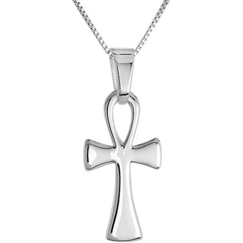 1 1/8 inch Sterling Silver Small Ankh Necklace for Men and Women Plain Solid Back Flawless High Polished Finish 0.8mm Box_Chain