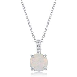 Round Pronged Created Blue/White Opal with Cubic Zirconia 18’’ Pendant Necklace Including 6mm Round Blue Created Opal Stud Earrings Sterling Silver Jewelry Set for Women or Teens