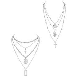 ORAZIO 2PCS Layered Choker Necklaces for Women Tag Coin Cross Crucifix Blessed Virgin Mary Pendant Necklace Chain Silver Tone Gold Tone