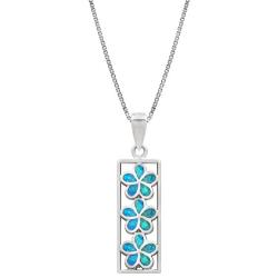 Honolulu Jewelry Company Sterling Silver Three Plumeria Flower Bar Necklace Pendant with Simulated Blue Opal and 18'' Box Chain