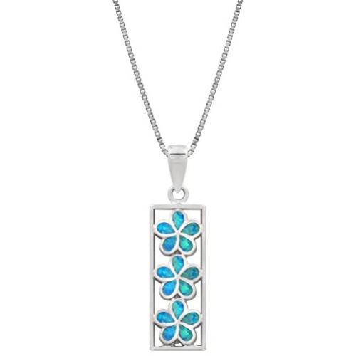Honolulu Jewelry Company Sterling Silver Three Plumeria Flower Bar Necklace Pendant with Simulated Blue Opal and 18'' Box Chain