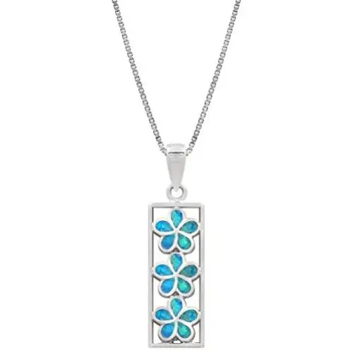 Honolulu Jewelry Company Sterling Silver Three Plumeria Flower Bar Necklace Pendant with Simulated Blue Opal and 18'' Box Chain