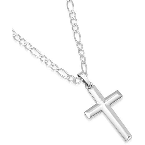 XP Jewelry Mens Sterling Silver Cross Pendant Figaro Chain Necklace Italian Made - 080-3mm - 22''