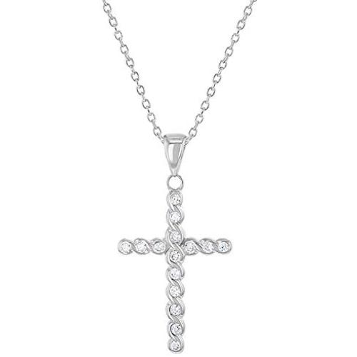 925 Sterling Silver Braided Cross Clear CZ Pendant Necklace Girls Teens 16''