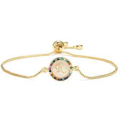 cmoonry 18K Gold Plated Letter Initial Bracelet for Women Girl Colourful Cubic Zirconia 26 Alphabet Letter Charm Bracelet Adjustable Copper Chain Shell Bracelet Best