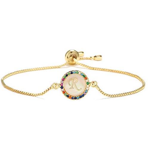 cmoonry 18K Gold Plated Letter Initial Bracelet for Women Girl Colourful Cubic Zirconia 26 Alphabet Letter Charm Bracelet Adjustable Copper Chain Shell Bracelet Best
