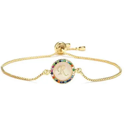 cmoonry 18K Gold Plated Letter Initial Bracelet for Women Girl Colourful Cubic Zirconia 26 Alphabet Letter Charm Bracelet Adjustable Copper Chain Shell Bracelet Best