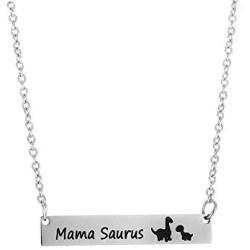 Winssi Mamasaurus Necklace Stainless Steel Dinosaur Bar Pendant Personalized Jewelry Gift Mom Grandma