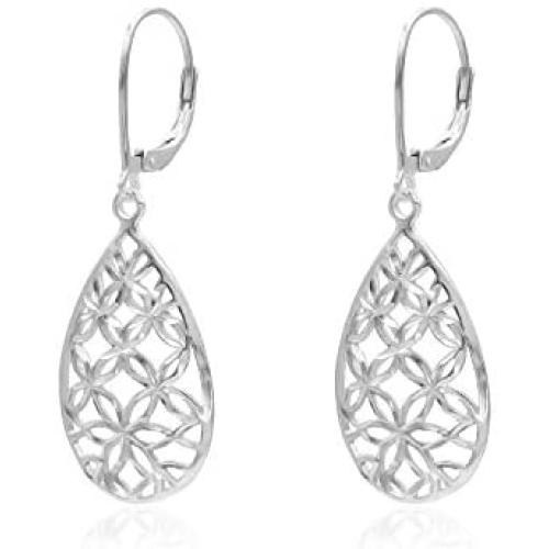 River Island Sterling Silver Diamond-Cut Filigree Tear Drop Leverback Dangle Drop Earrings