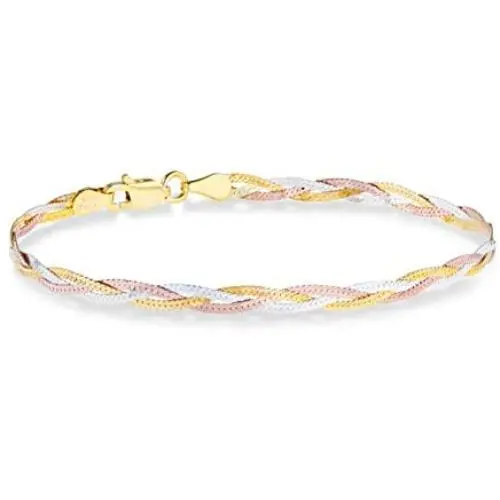 Miabella Tri-Color 18K Gold Over Sterling Silver Italian 3-Strand 4mm Braided Herringbone Link Chain Bracelet for Women Teen Girls 6.5, 7, 7.5, 8 Inch 925, Italy Miabella Tri-Color 18K Gold Over Sterling Silver Italian 3-Strand 4mm Braided Herringbone Link Chain Bracelet for Women Teen Girls 6.5, 7, 7.5, 8 Inch 925, Italy