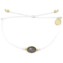 Pura Vida Gold Oval Labradorite Bracelet - Plated Charm, Adjustable Band - 100% Waterproof - White