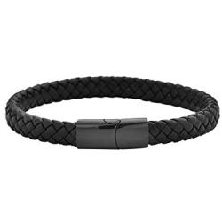 Geoffrey Beene Mens Braided Genuine Leather Bracelet with Stainless Steel Magnetic Closure