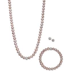 Regalia by Ulti Ramos 17 Inch Cultured Freshwater Pearl (7mm) & Crystal Sterling Silver .925 Jewelry Set (Pink)