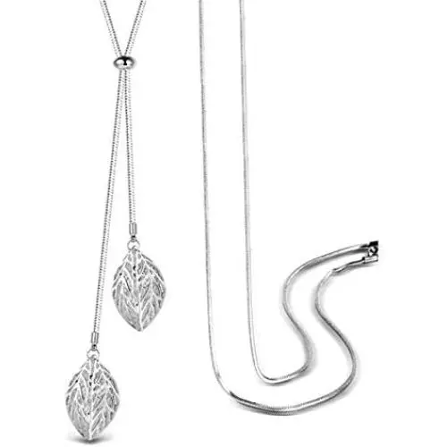 T400 White Golden Double Leaves Long Sweater Chain Pendant Necklace with Cubic Zirconia for Women Girls T400 White Golden Double Leaves Long Sweater Chain Pendant Necklace with Cubic Zirconia for Women Girls