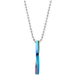 COOLSTEELANDBEYOND Mens Womens Steel Rainbow Oxidized Twisted Cuboid Bar Pendant Necklace, 23.6 in Ball Chain, Stylish