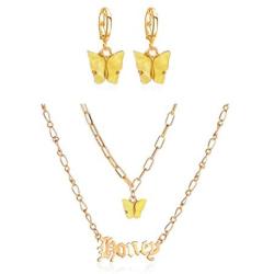 Butterfly Necklace Earrings Set Butterfly Pendant Chain Link Necklace Charm Hoop Earrings Gold Plated Stainless Steel Old English Angle Babygirl Pendant Necklace Adjustable