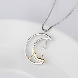 Jingran Two-Tone Cute Cat on the Moon And Star Pendant Necklace for Women Gift Girl