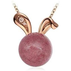 Strawberry Crystal Gem Cute Bunny Rabbit Pendant Delicate Jewelry S925 Sterling Silver Necklace Easter Valentines Day Christmas for Girls Women - Rose Gold