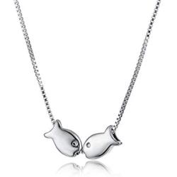 Necklaces Sterling Silver S925 Women’s Jewelry Kissing Fish Pendant Box Chain Necklace Valentiens Day Gift