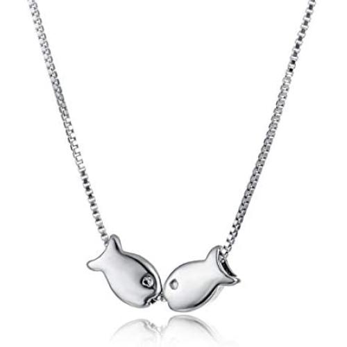 Necklaces Sterling Silver S925 Women’s Jewelry Kissing Fish Pendant Box Chain Necklace Valentiens Day Gift