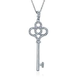 Cubic Zirconia CZ Victorian Style Crown Key Pendant Necklace For Women Girlfriend 14K Gold Plated 925 Sterling Silver