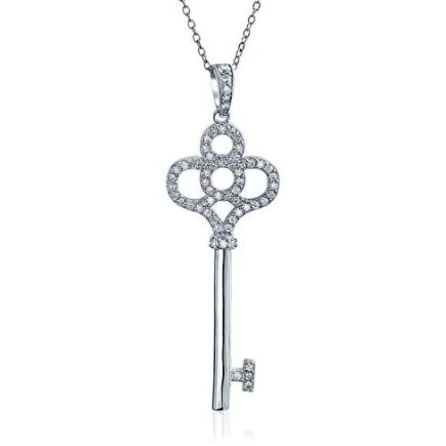 Cubic Zirconia CZ Victorian Style Crown Key Pendant Necklace For Women Girlfriend 14K Gold Plated 925 Sterling Silver