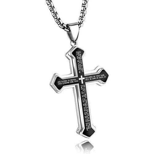 Linorui Mens Stainless Steel Nail Cross Pendant Necklace for Men Women Lords Prayer Big Pendant Cross Necklace for Men