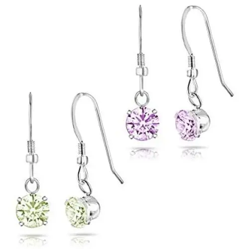 2 Pack Sterling Silver Fishhook Drop Dangle Earrings - Created Green Amethyst and Created Amethyst