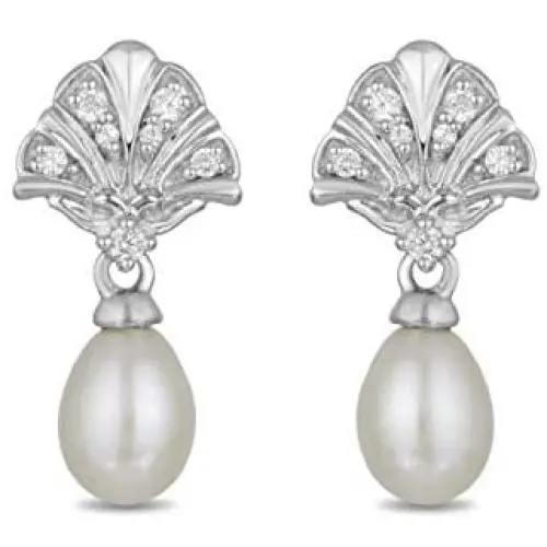 Jewelili Enchanted Disney Fine Jewelry Sterling Silver 1/10 CTTW Diamond Ariel Shell Fashion Earrings Jewelili Enchanted Disney Fine Jewelry Sterling Silver 1/10 CTTW Diamond Ariel Shell Fashion Earrings