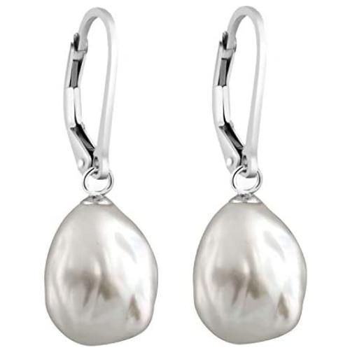 Splendid Pearls Lever-back Dangling Earrings with White Baroque Freshwater Cultured Pearls 10-12mm